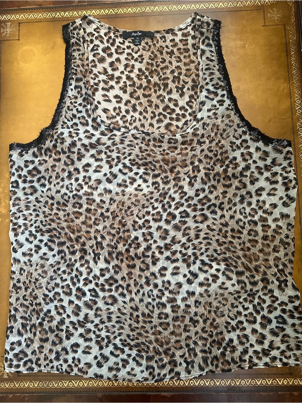 Papaya Leopard Print Sheer Tank Top with Black Lace & Sequin Trim